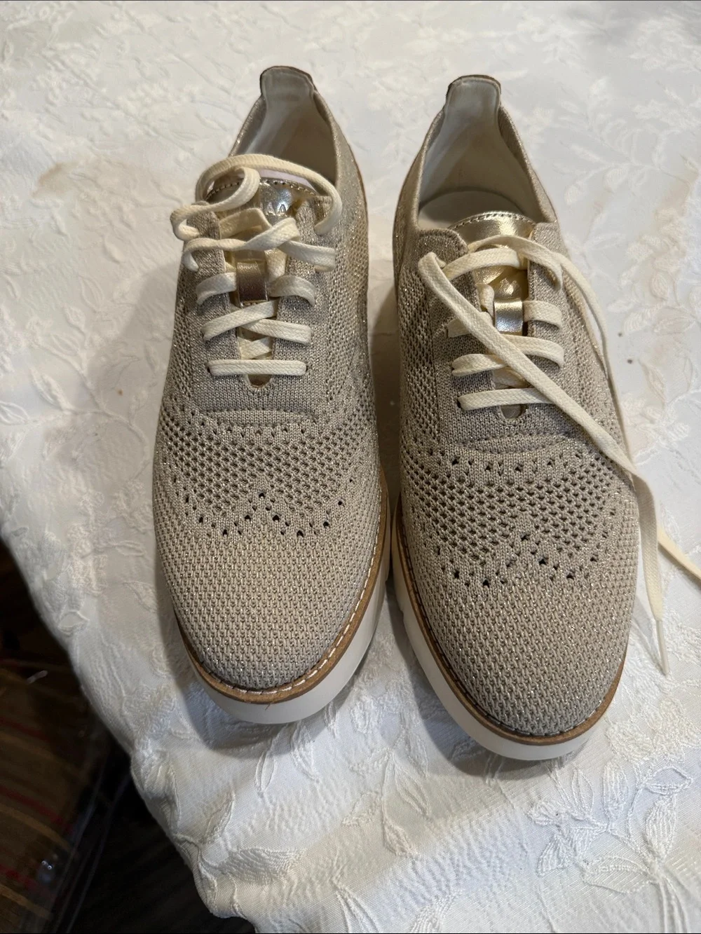 Cole Haan Lace-Up Knit Oxford Boots in Metallic Gold and Cream